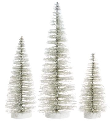Set of 3 frost silver bristle trees, iridescent glitter on wood base, 8+10+14 in  4