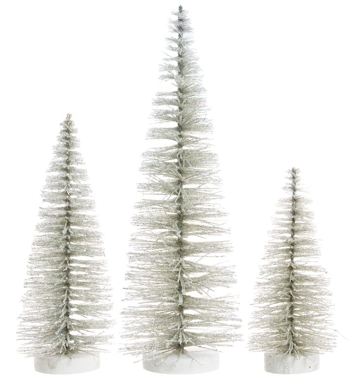 Set of 3 frost silver bristle trees, iridescent glitter on wood base, 8+10+14 in  4
