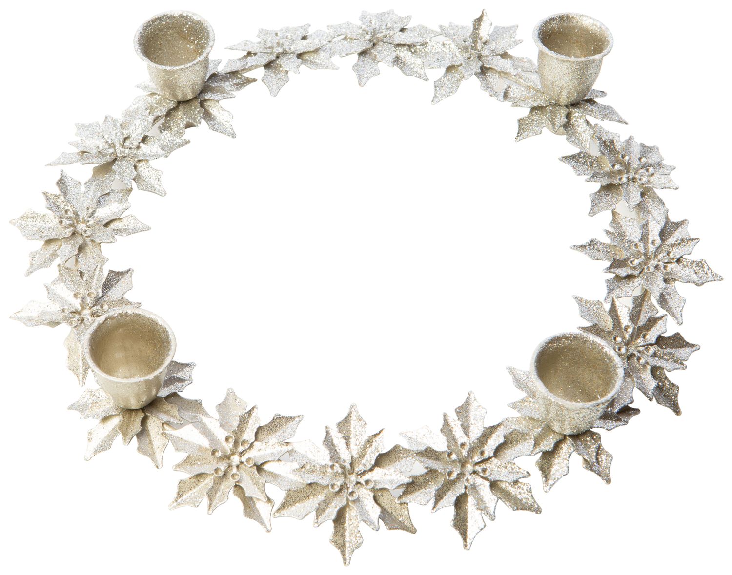 Antique silver glittered metal poinsettia taper candle ring, 10 in  2