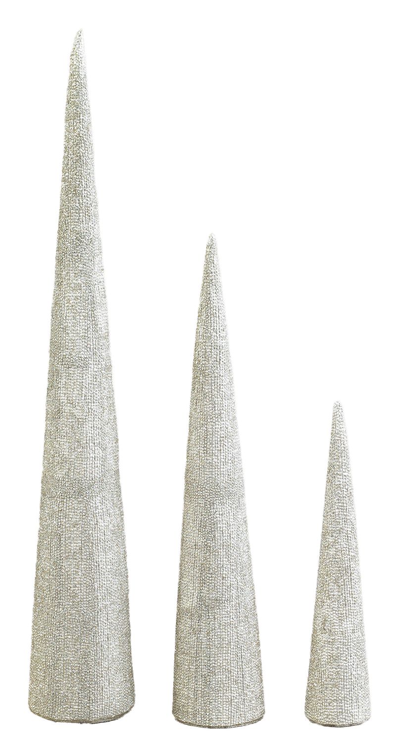 Set of 3 textured resin cone tabletop trees, champagne gold w/glitter, 9+10.5+12 in  6