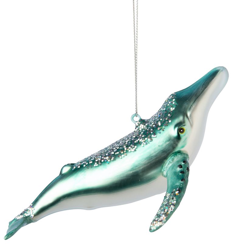 Glass sperm whale ornament, light blue with light blue glitter finish, 5.75 in  6