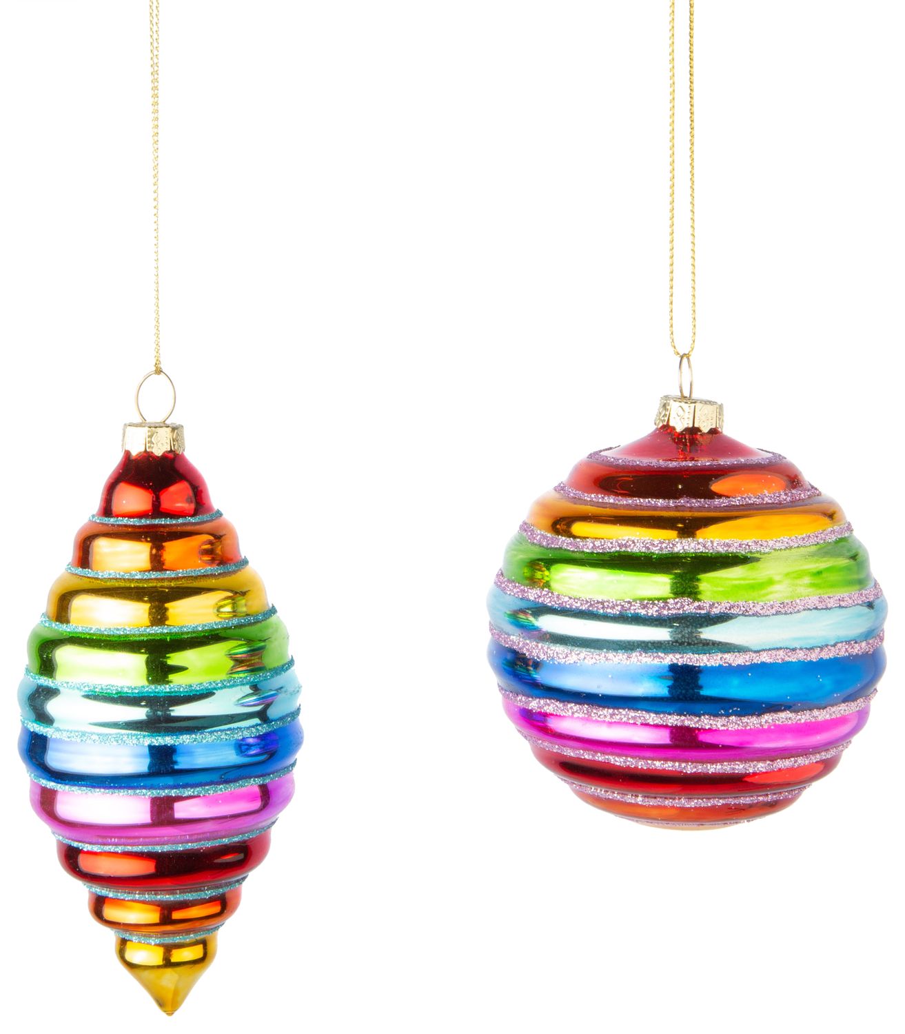 2 Asst&#39;d ribbed glass ball and teardrop rainbow colours with glitter accents, 4.5+5 in  12