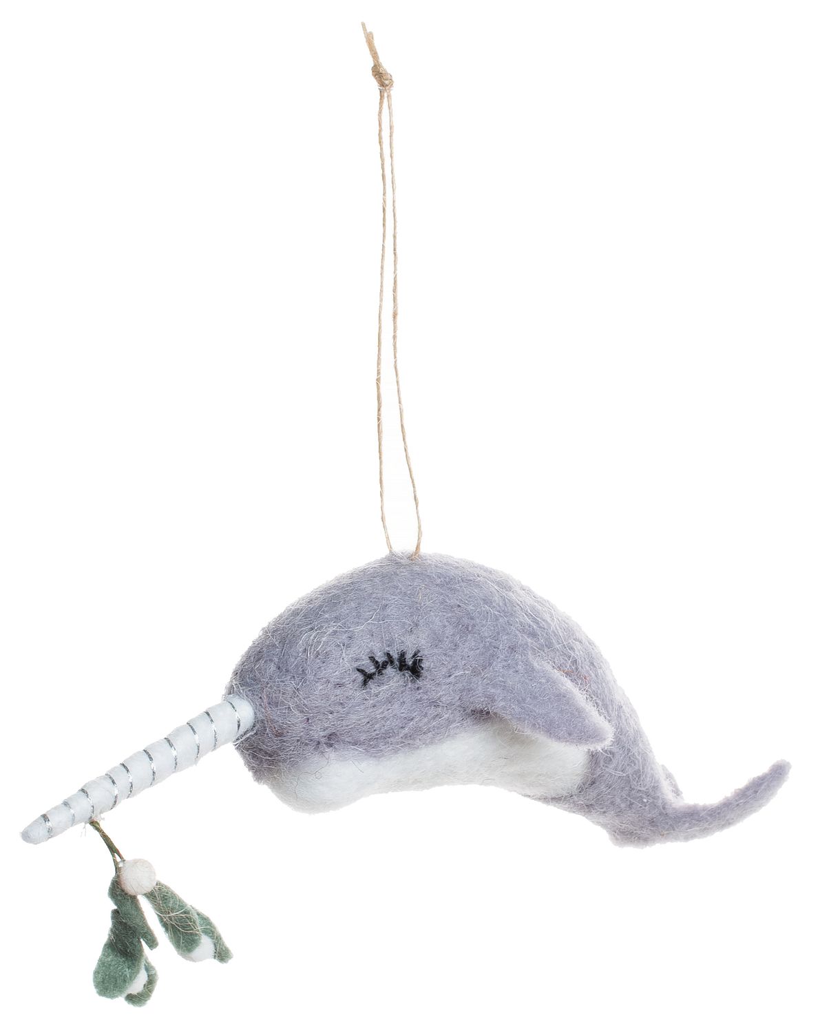 Felt narwhal ornament with mistletoe trim, 7.5 in  6