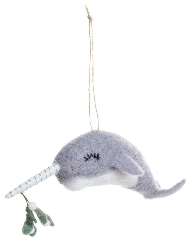 Felt narwhal ornament with mistletoe trim, 7.5 in  6