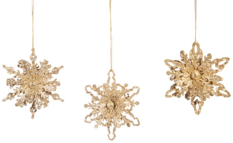 3 Asst&#39;d metal snowflake ornaments 3D with champagne gold glitter finish, 3 in  12