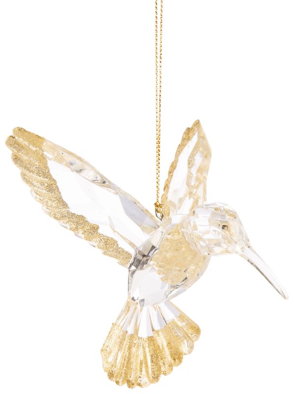 Acrylic hummingbird ornament, clear with light gold glitter trim, 4 in  12 -Z08 -25NP -S04/25