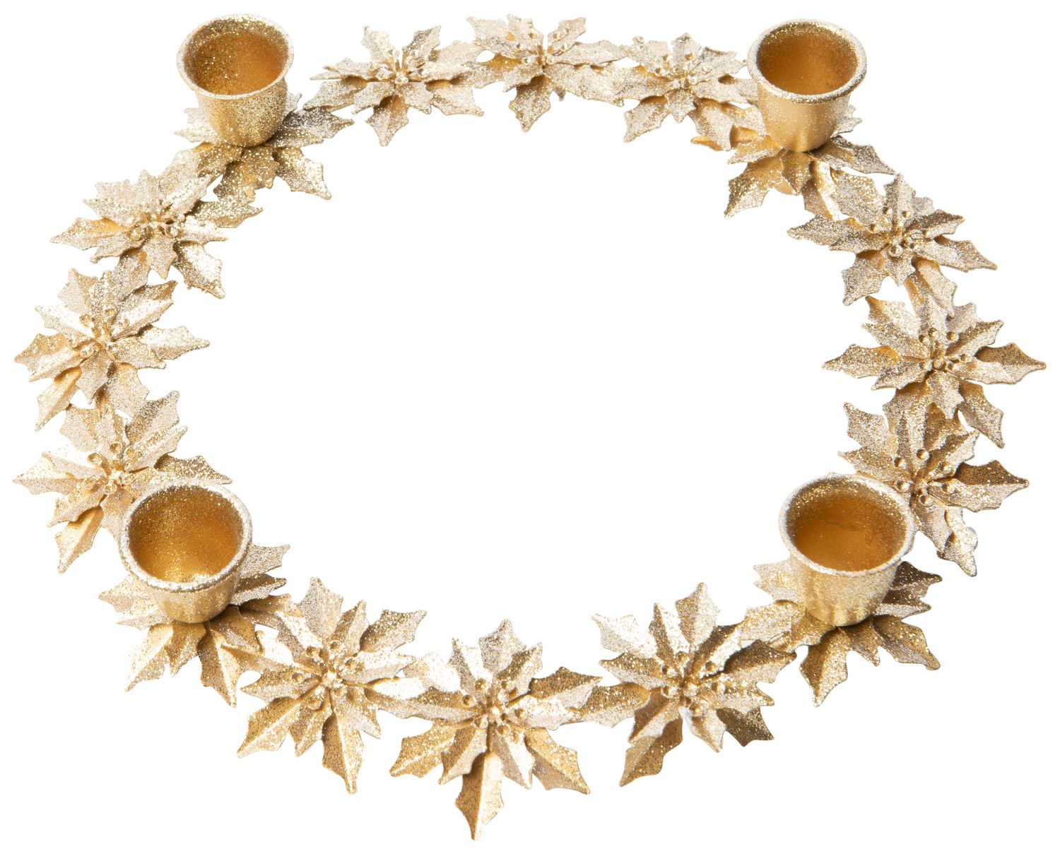 Gold glittered metal poinsettia taper candle ring, 10 in  2