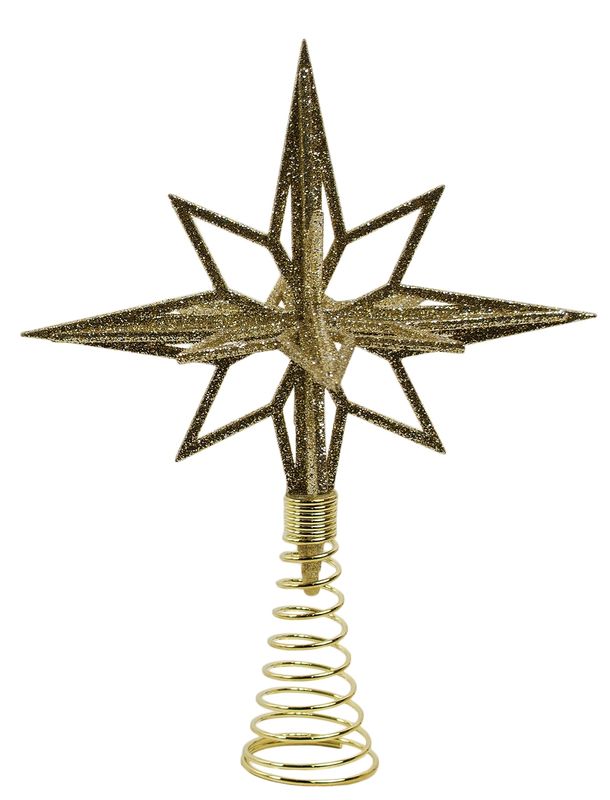 Acrylic 3D Moravian star tree topper, lt gold glitter with metal base 9.5 in  6