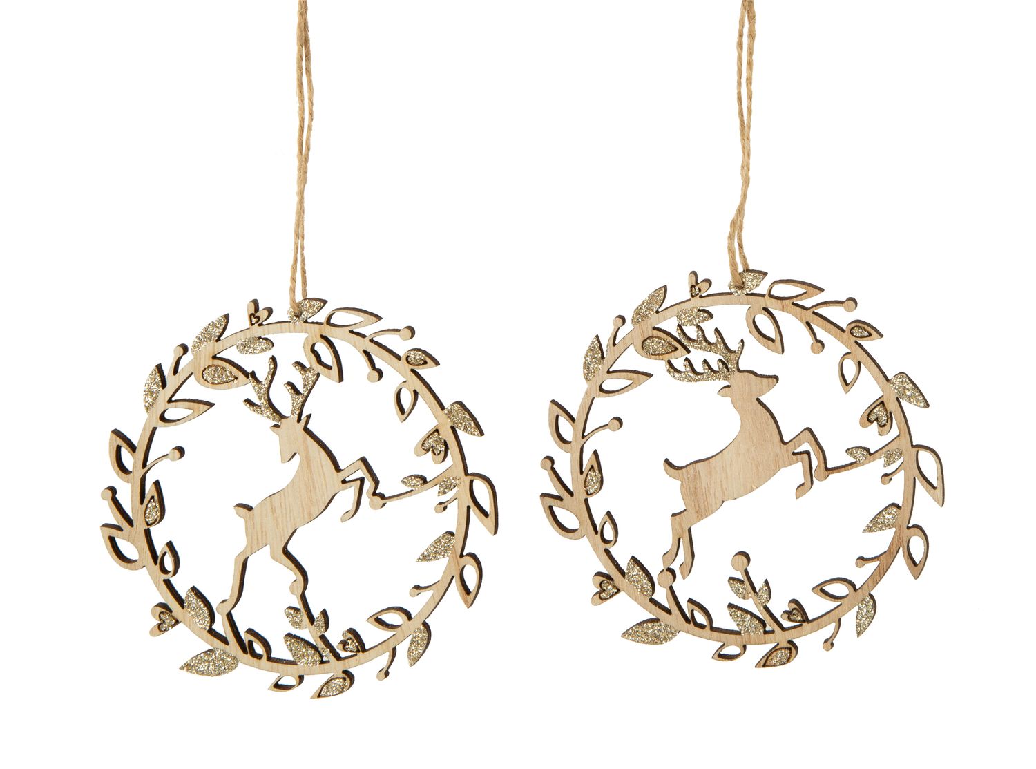 2 Asst&#39;d laser cut wood ornaments, stag scene with champagne glitter finish, 4 in  24