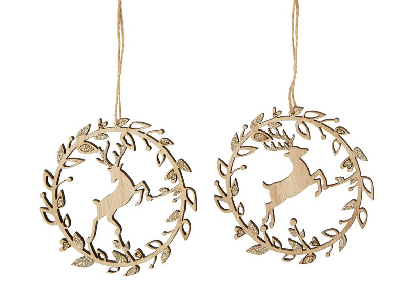 2 Asst&#39;d laser cut wood ornaments, stag scene with champagne glitter finish, 4 in  24