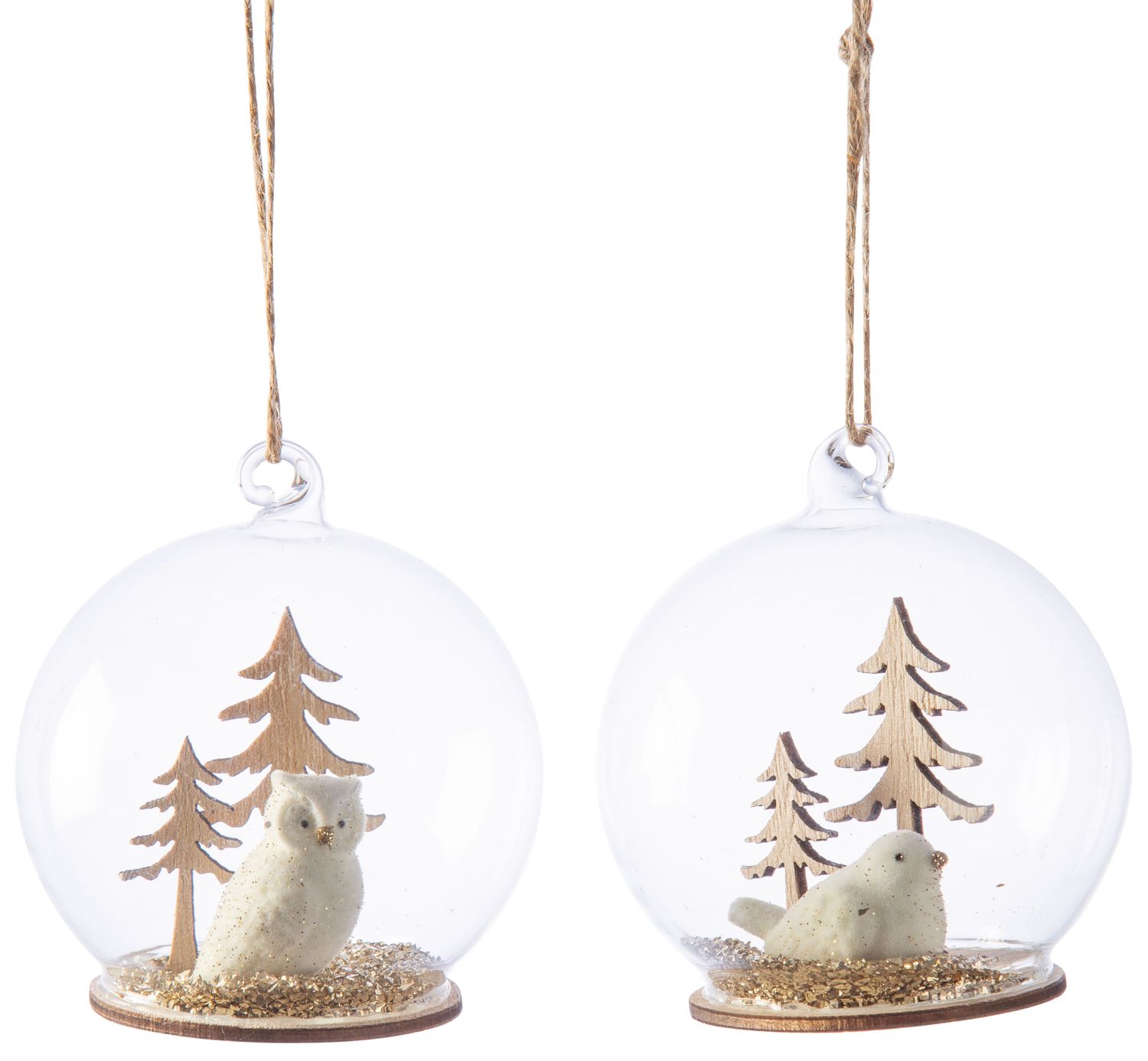 2 Asst&#39;d flock owl &amp; bird in dome ornaments, chunky champagne gold glitter, 3.5 in  12