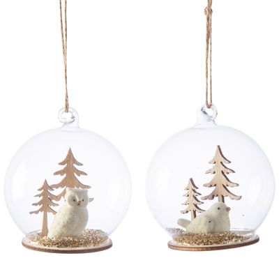 2 Asst&#39;d flock owl &amp; bird in dome ornaments, chunky champagne gold glitter, 3.5 in  12