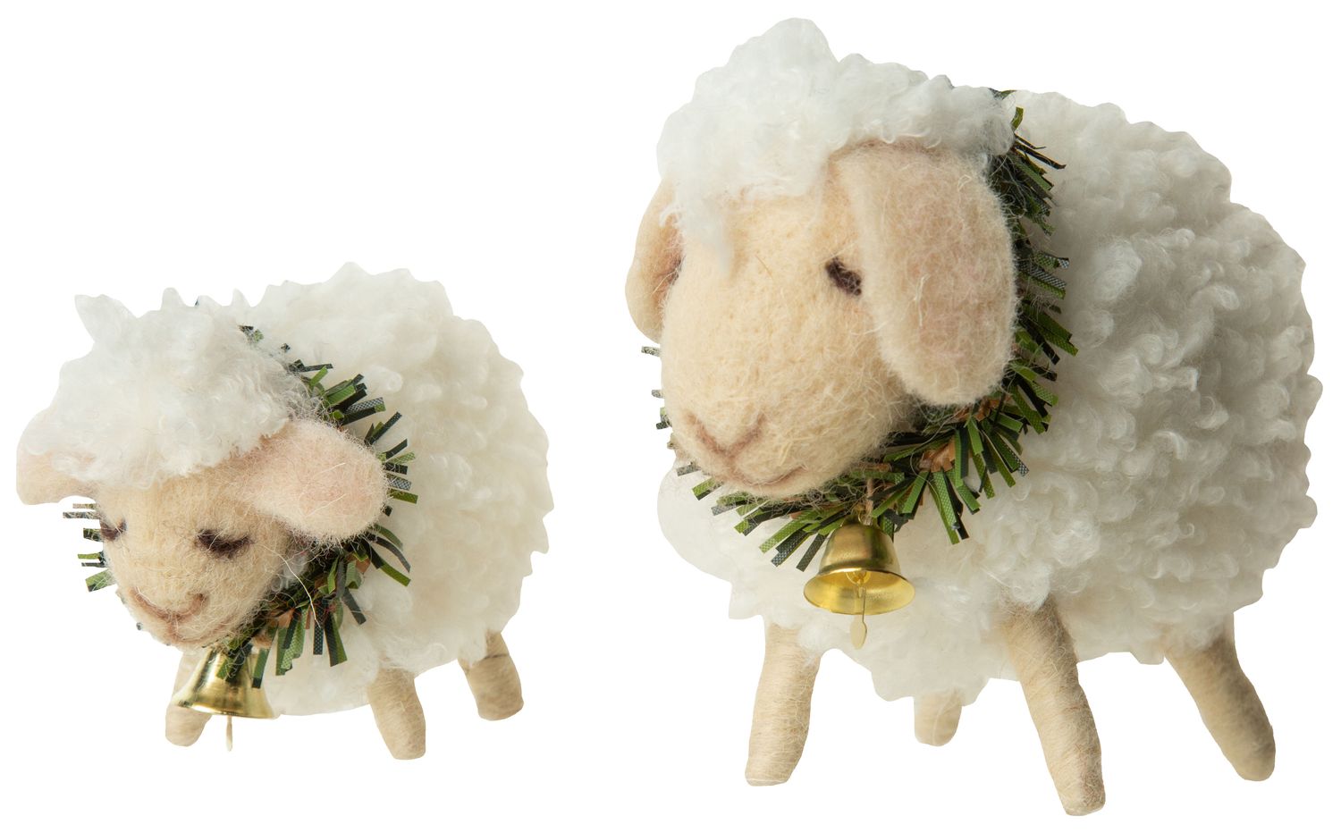 Set of 2 wooly felt sheep with wreath and bell collars, table pieces, 4+6 in  4