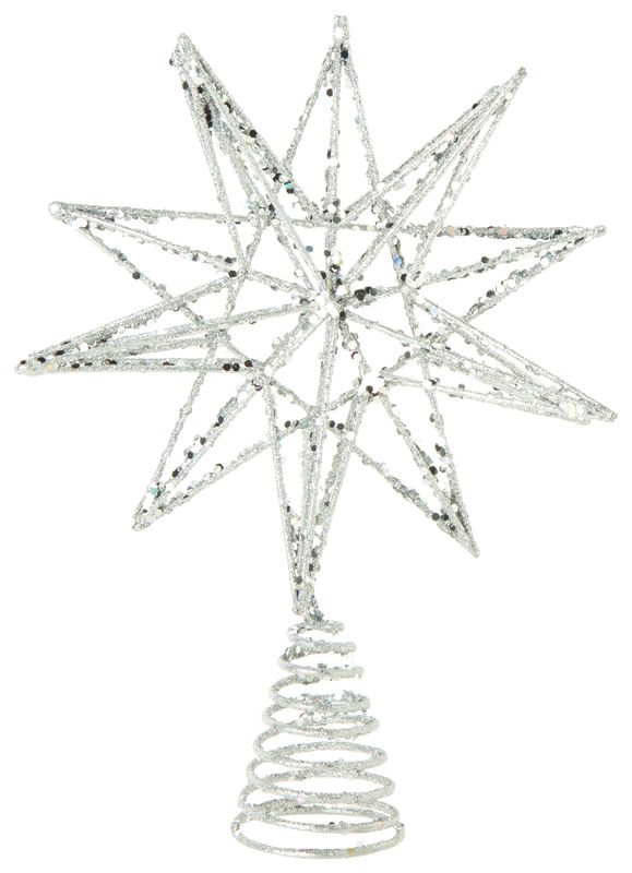 Silver glittered metal tree topper 3D star, 9 in  6