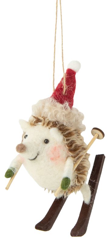 Felt skiing hedgehog with red hat ornament, 3.5 in  6