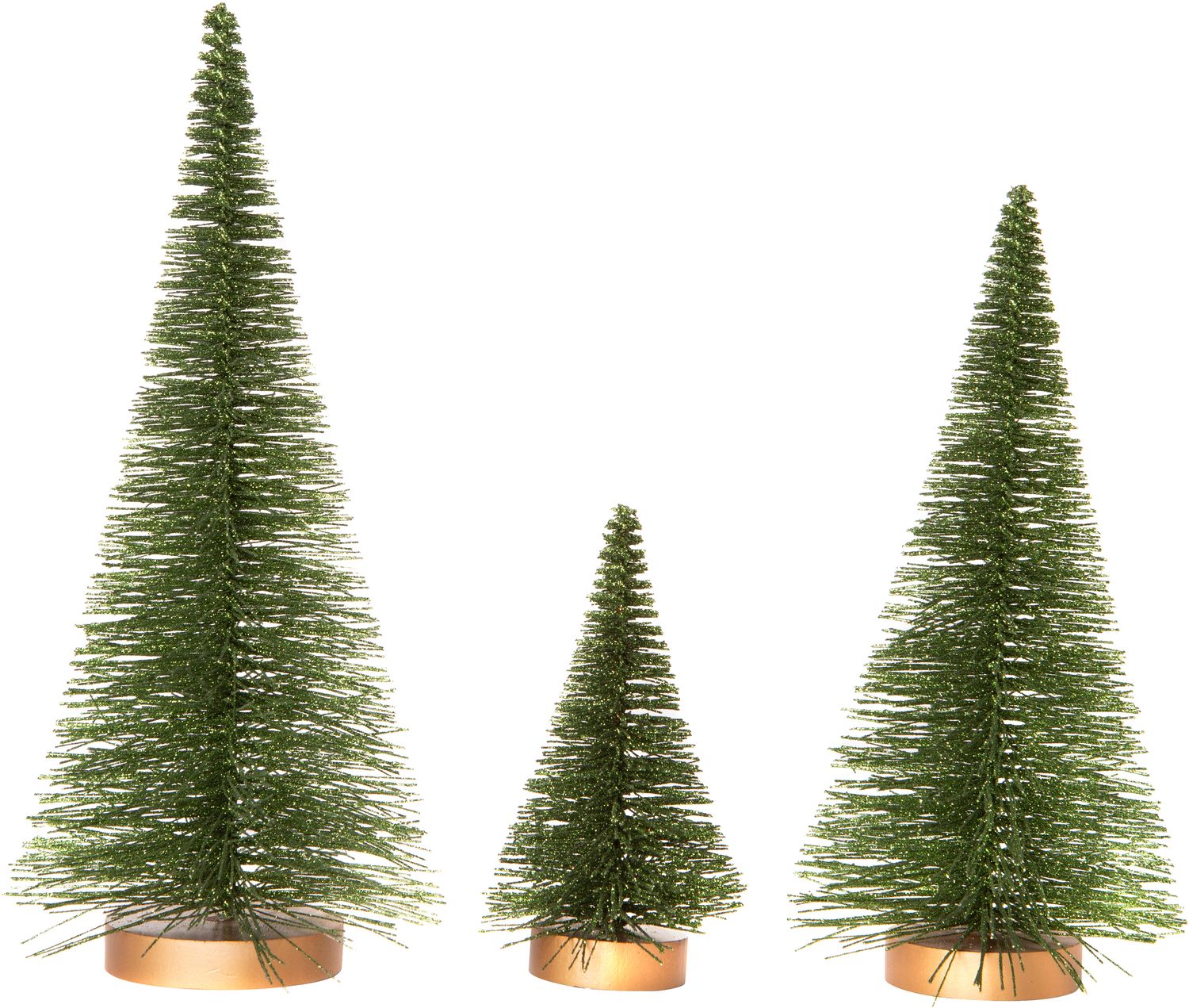 Set of 3 glitter bristle trees on wood base, green, 6+10+12 in  2