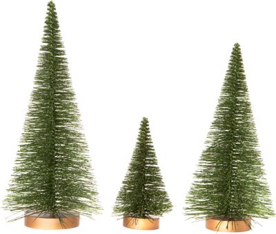 Set of 3 glitter bristle trees on wood base, green, 6+10+12 in  2