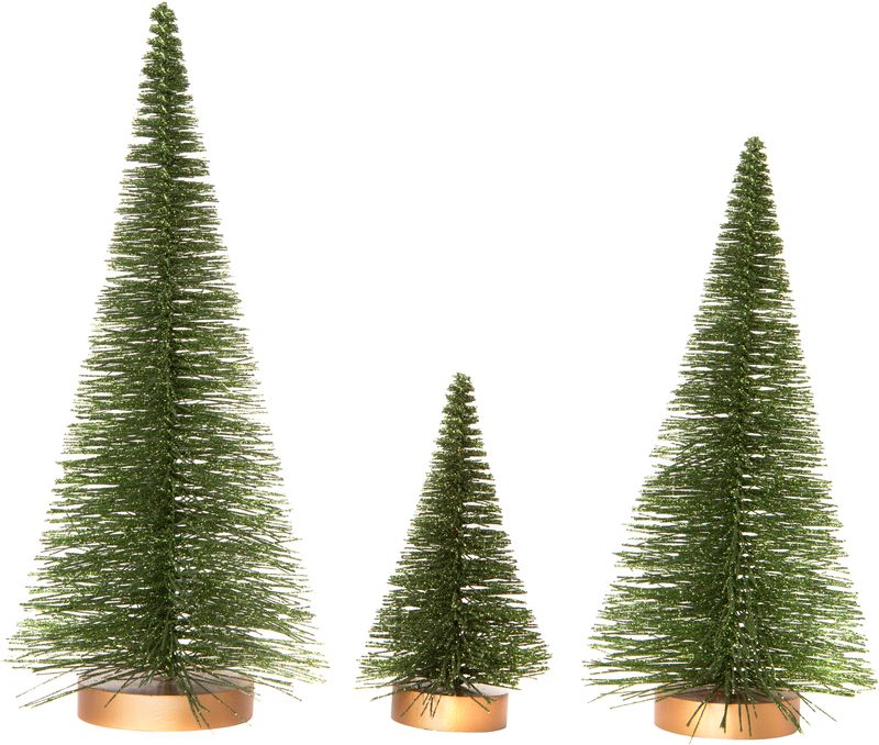 Set of 3 glitter bristle trees on wood base, green, 6+10+12 in  2
