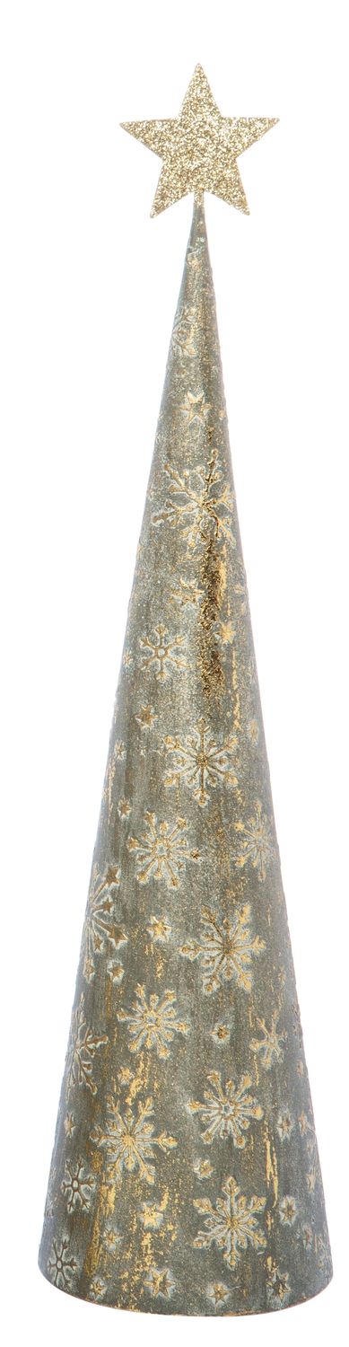Embossed metal cone tree, verdigris finish with snowflakes and gold glitter accents, gold glitter star top 15.5 in  2