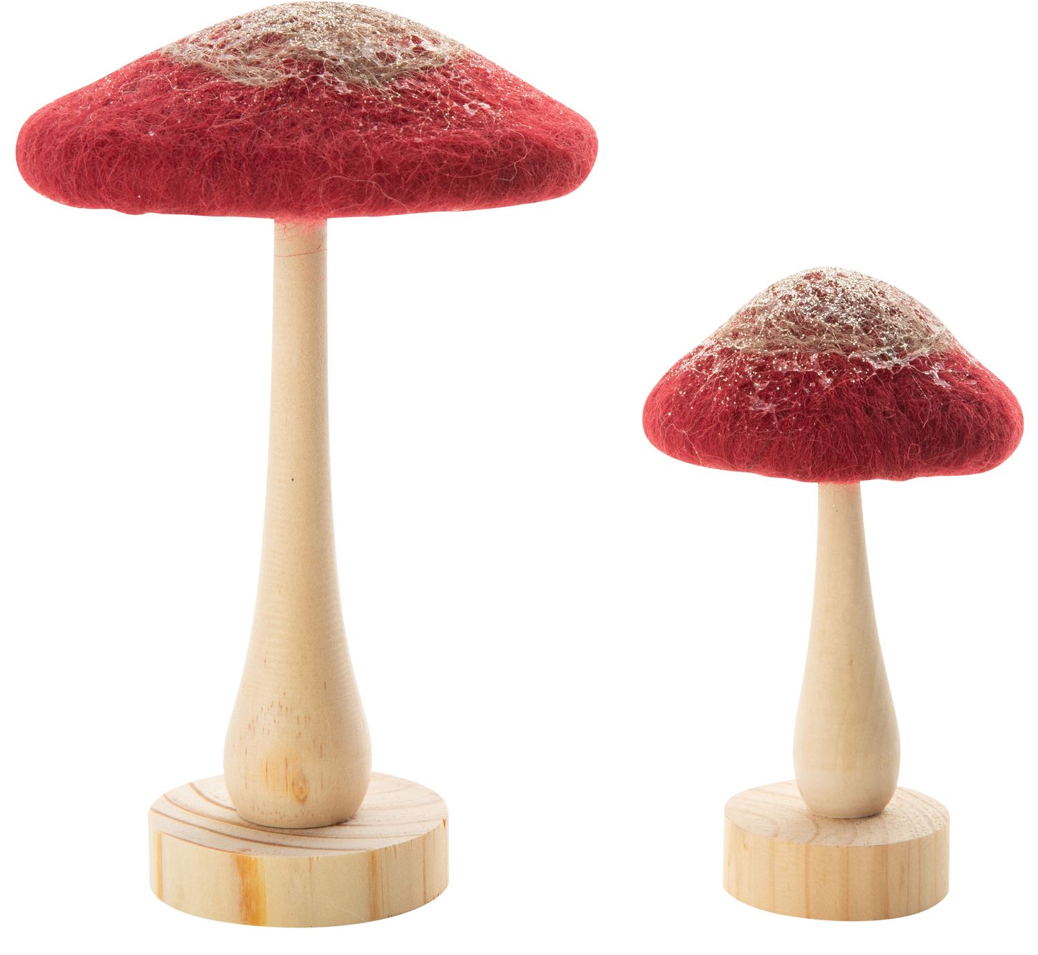 Set of 2 felt and wood mushroom table pieces with glitter trim, 7.5 in  12