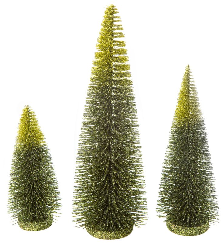 Set of 3 glittered bristle table top trees, variegated dark green, green and chartreuse, 14+10+8 in  4