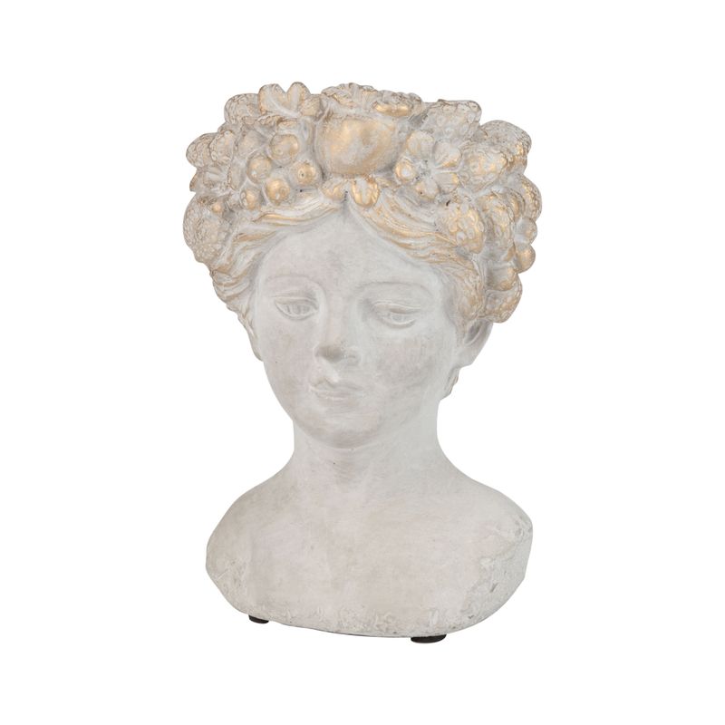 Molded cement bust pot cover with floral hair pattern, light gold wash, 6.5 in  4       
