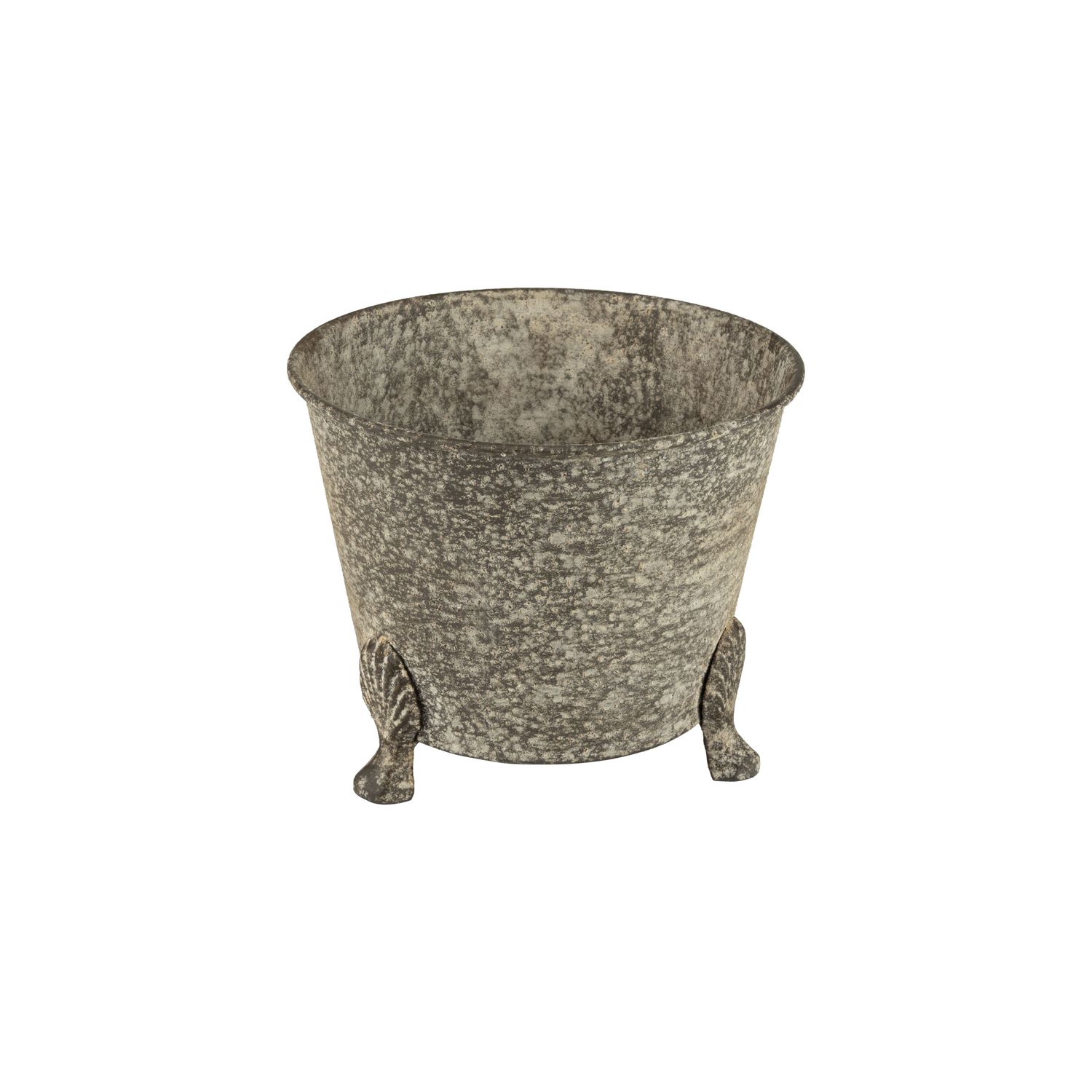 Round metal planter with cast iron feet, antique galvanized finish, 7.5 in