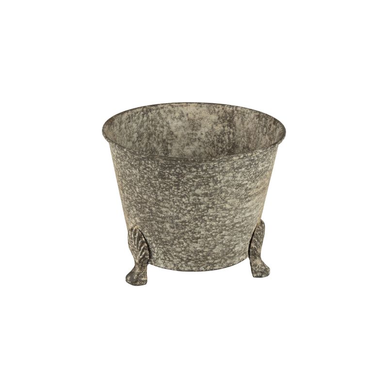 Round metal planter with cast iron feet, antique galvanized finish, 7.5 in