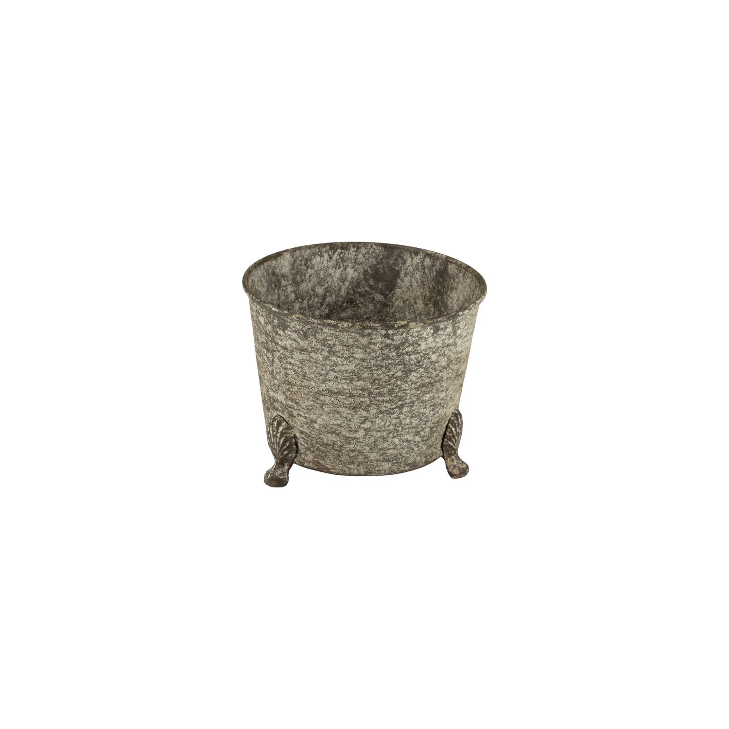 Round metal planter with cast iron feet, antique galvanized finish, 5.5 in