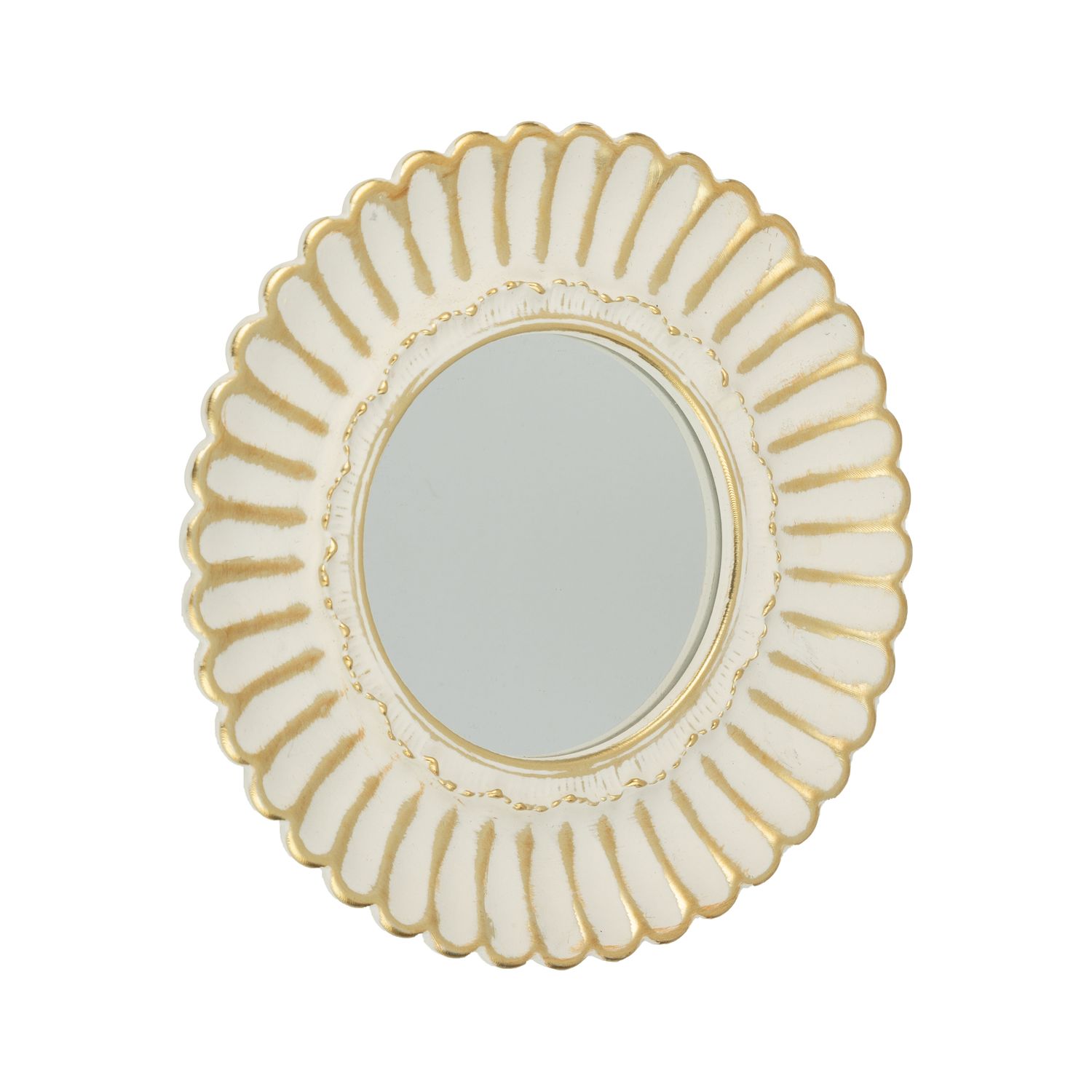 Round mirror in white and gold painted resin floral frame, 7.3 in  4       