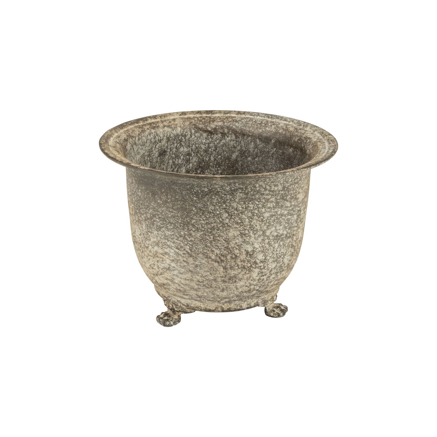 Round planter with cast iron feet, antique galvanized metal, 8.5 in