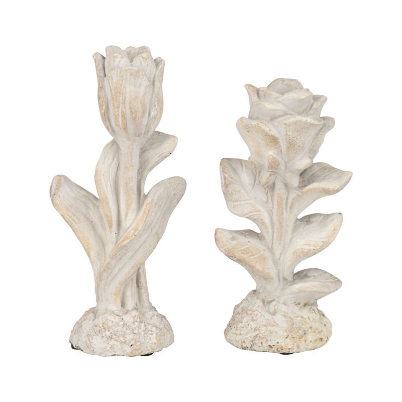 2 Asst&#39;d molded cement floral candle stick holder, light antique finish, 8+5 in  6       