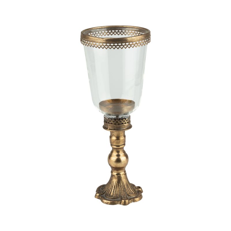 Glass hurricane lamp shape holder with removable glass, cast iron base and metal rim, 12 in  2