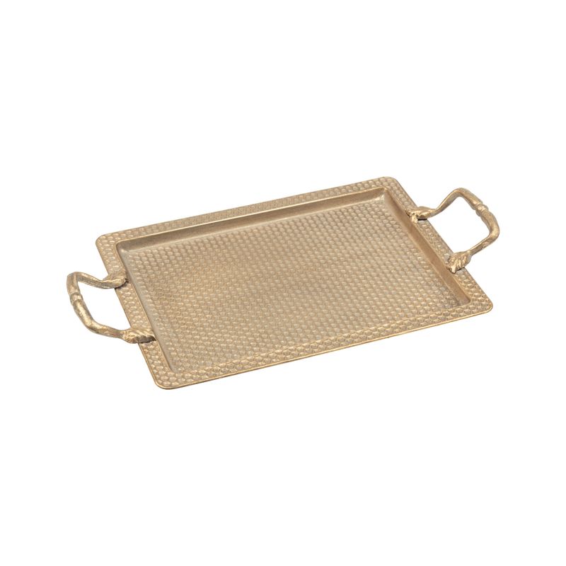 Antique rectangular metal tray, honeycomb pattern with cast iron handles, 16x9 in  2      