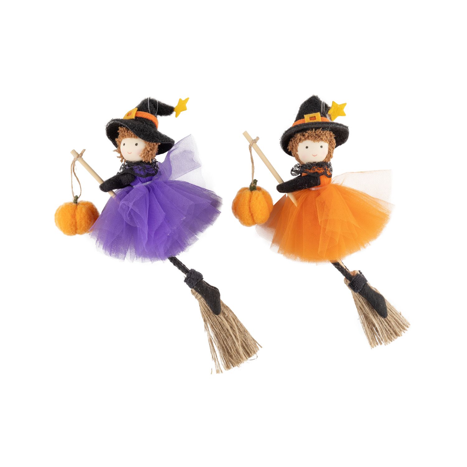 2 Asst&#39;d fabric witches on broomsticks ornaments, orange/purple tulle skirts, 8.25 in  12      