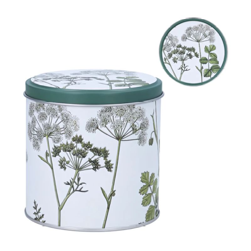 SHIP FEB 1/26 Printed treat tin, floral and herb pattern on white background, 4 in
