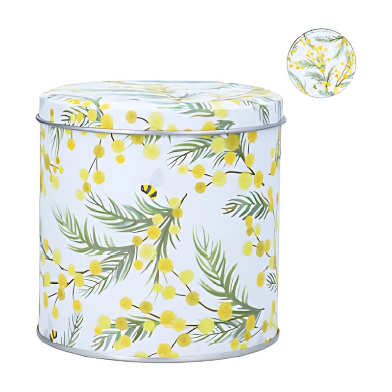 SHIP FEB 1/26 Printed treat tin, yellow and green floral on white background, 4 in