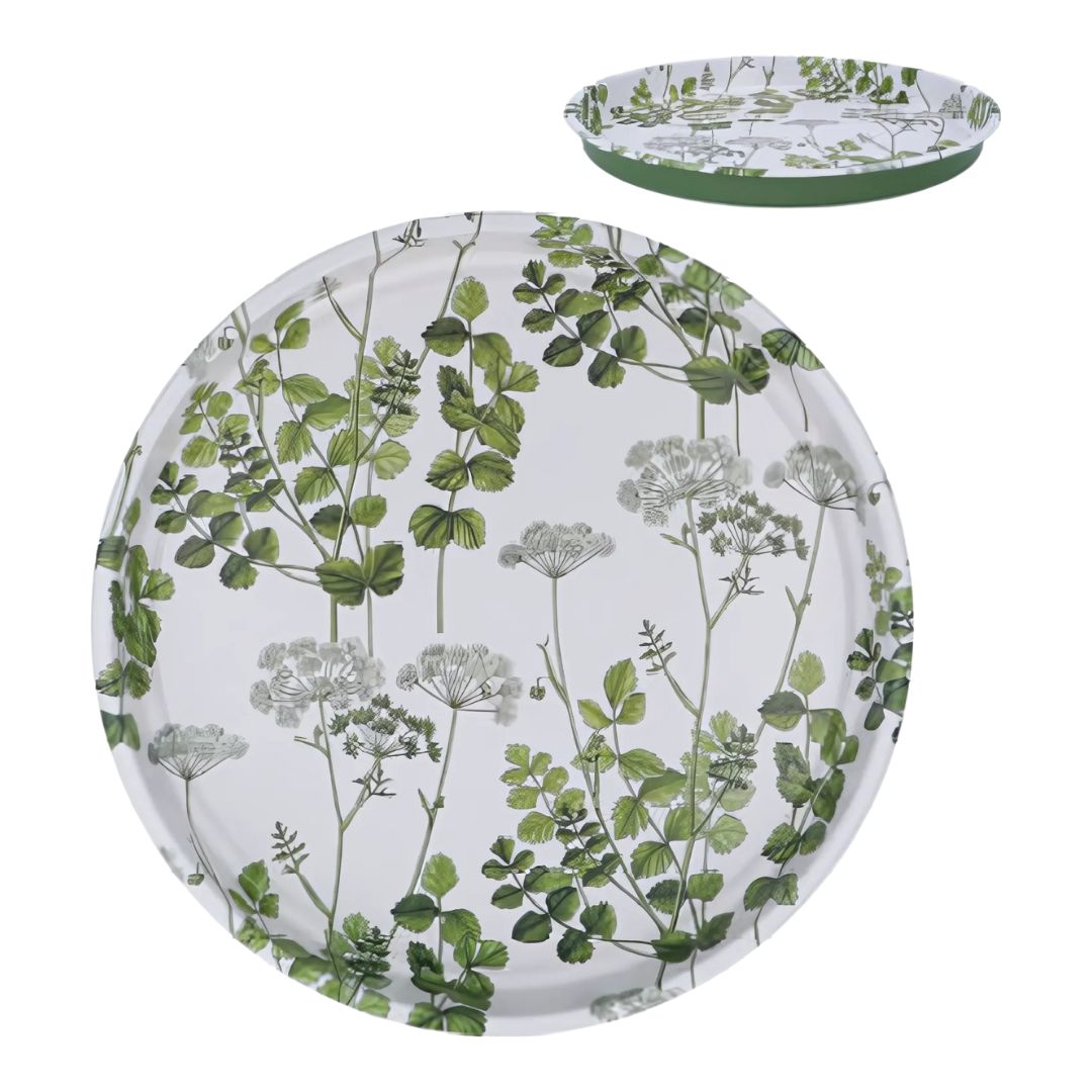 SHIP FEB 1/26 Printed tin serving tray, floral and herb pattern on white background, 13 in