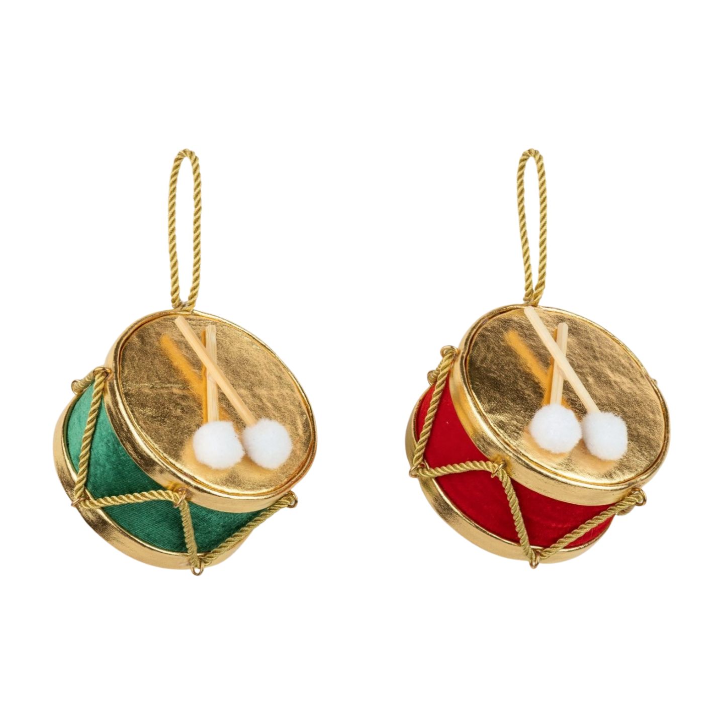 2 Asst&#39;d fabric drum ornaments, gold tops red and green base and drumsticks, 2.75 in  12