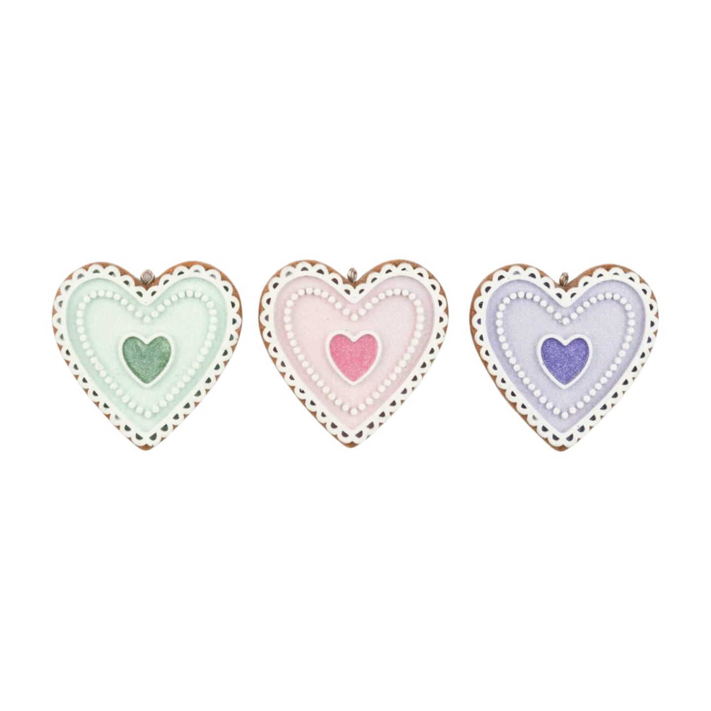 3 Asst&#39;d resin gingerbread heart ornaments, pastel pink, green, purple with frosted glitter finish, 2.5 in  12