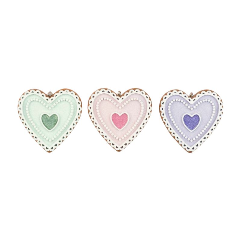 3 Asst&#39;d resin gingerbread heart ornaments, pastel pink, green, purple with frosted glitter finish, 2.5 in  12