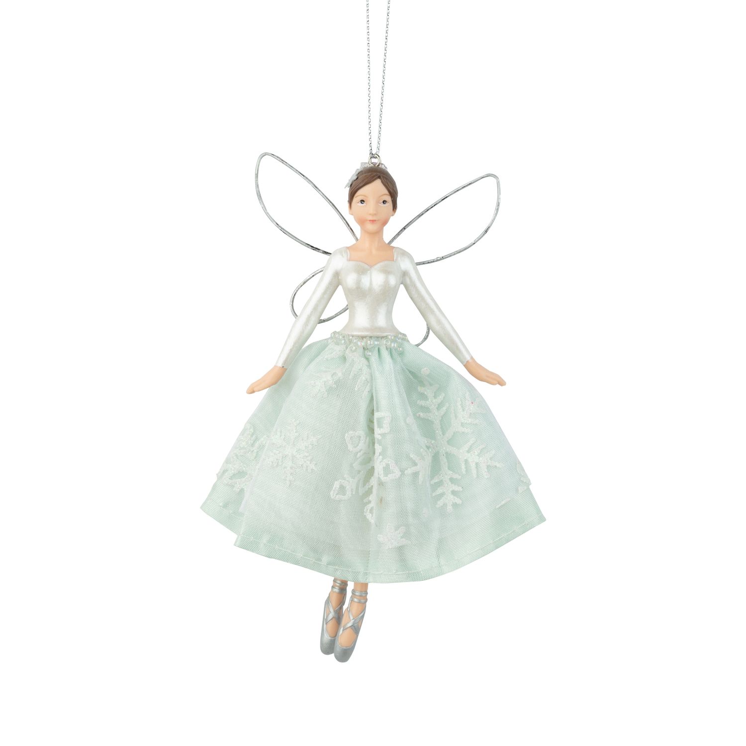 Ballerina ornament in pale green snowflake dress, silver wings, silver shoes, 5.75 in  6