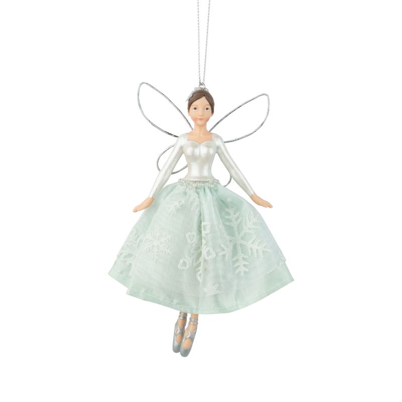 Ballerina ornament in pale green snowflake dress, silver wings, silver shoes, 5.75 in  6