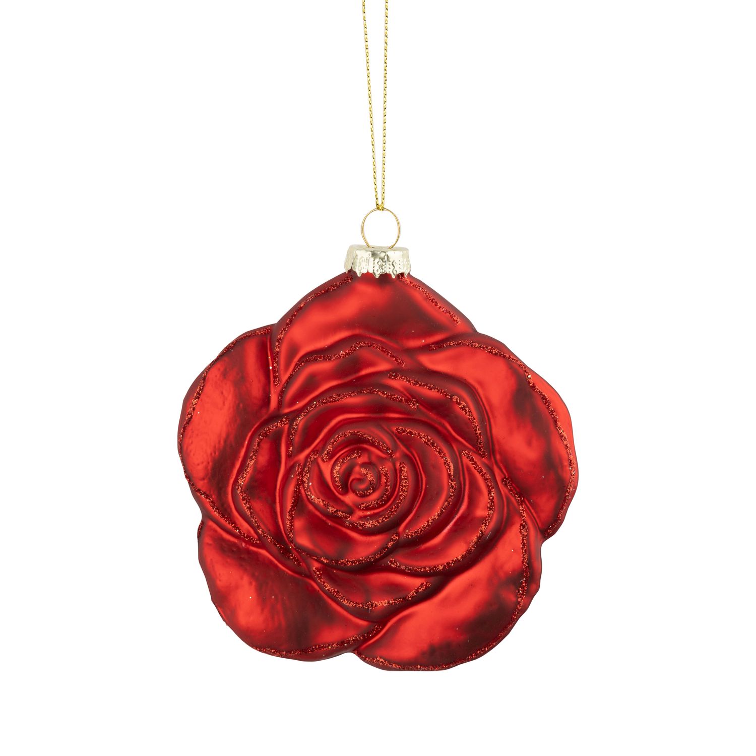 Molded glass molded rose ornament, matte red with red glitter, 3.8 in  6