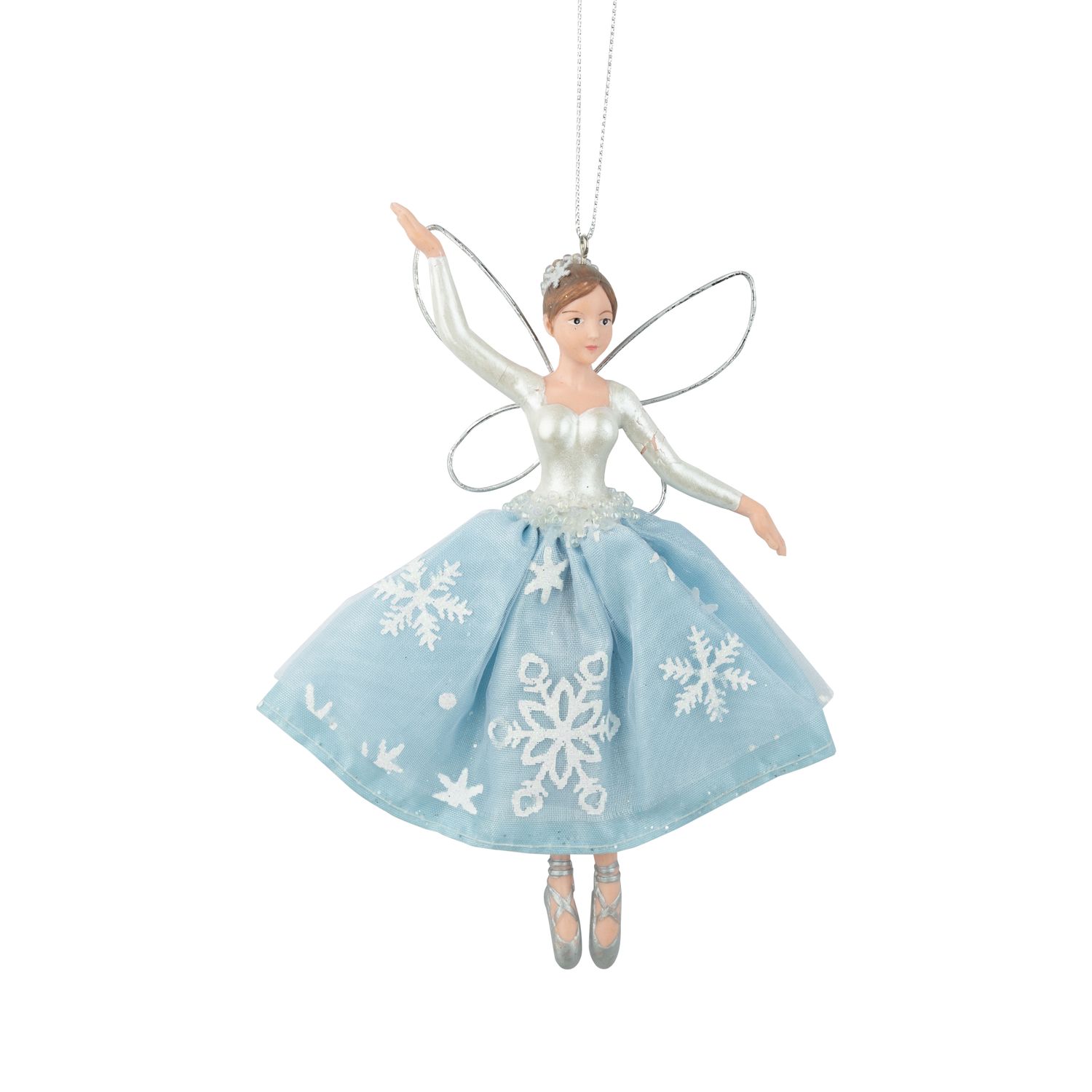 Ballerina ornament in pale blue snowflake dress, silver wings, silver shoes, 6 in  6