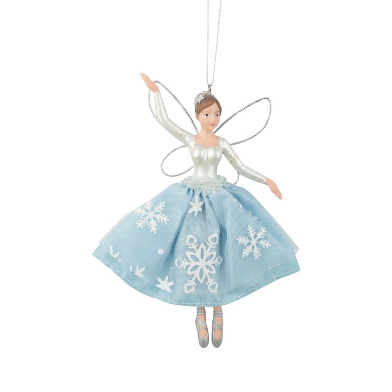 Ballerina ornament in pale blue snowflake dress, silver wings, silver shoes, 6 in  6