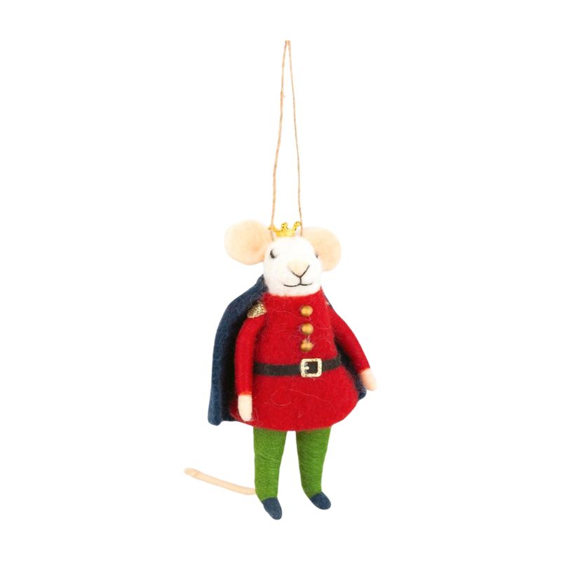 Felt mouse ornament in a red soldier outfit, blue cap and gold crown, 4.75 in  6