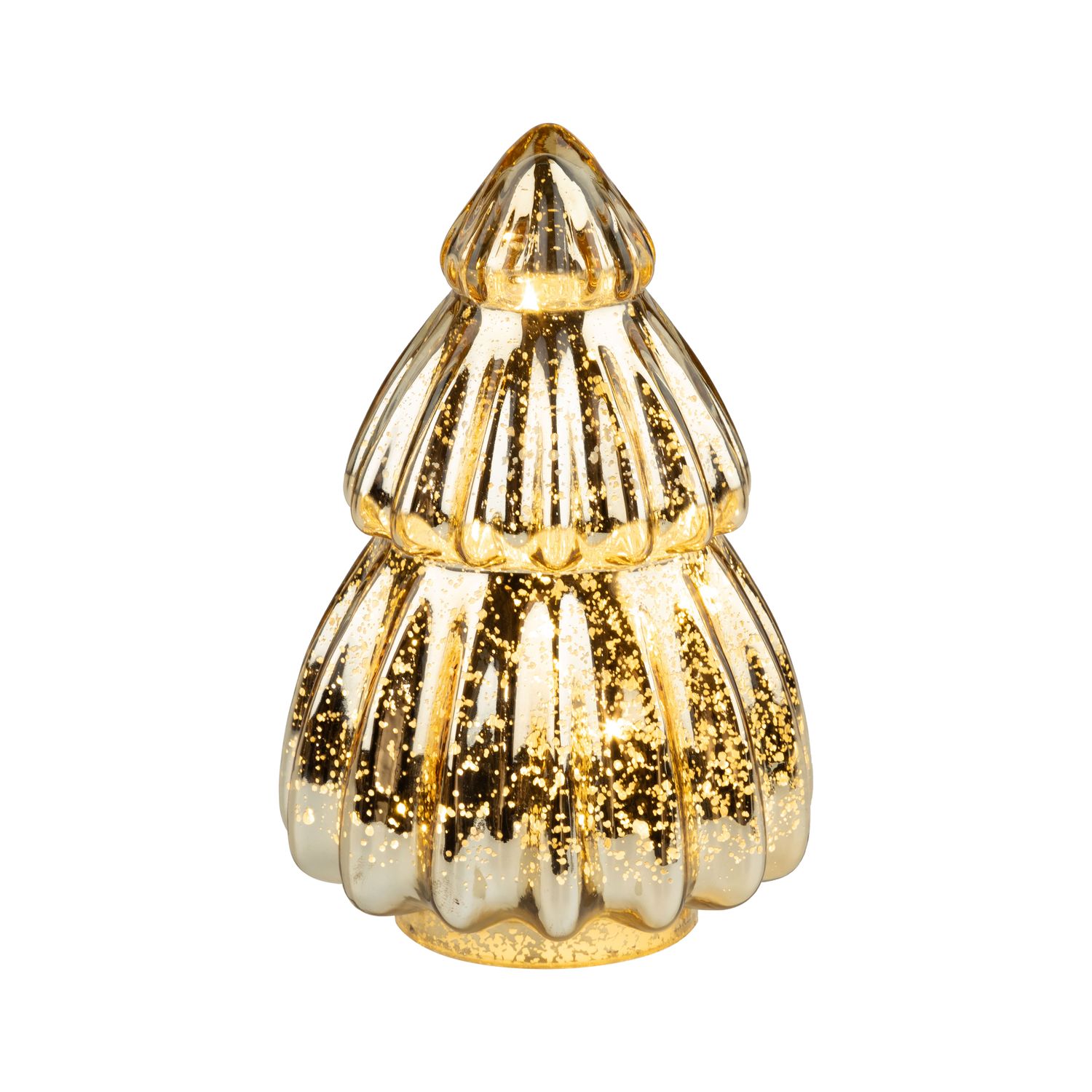 Shiny antique gold glass tiered tree table piece, LED lights, 7.5 in  3