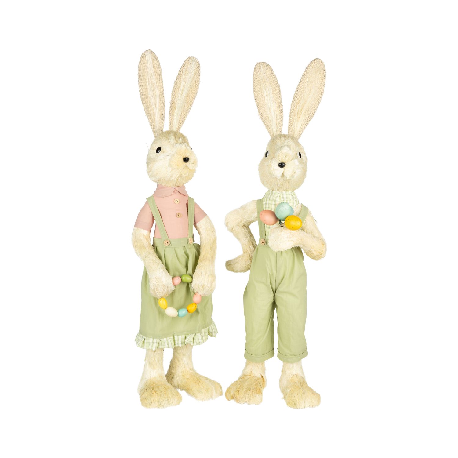 2 Asst&#39;d natural grass covered bunny table pieces, pale green and pink clothes, carrying Easter eggs, 23 in  4