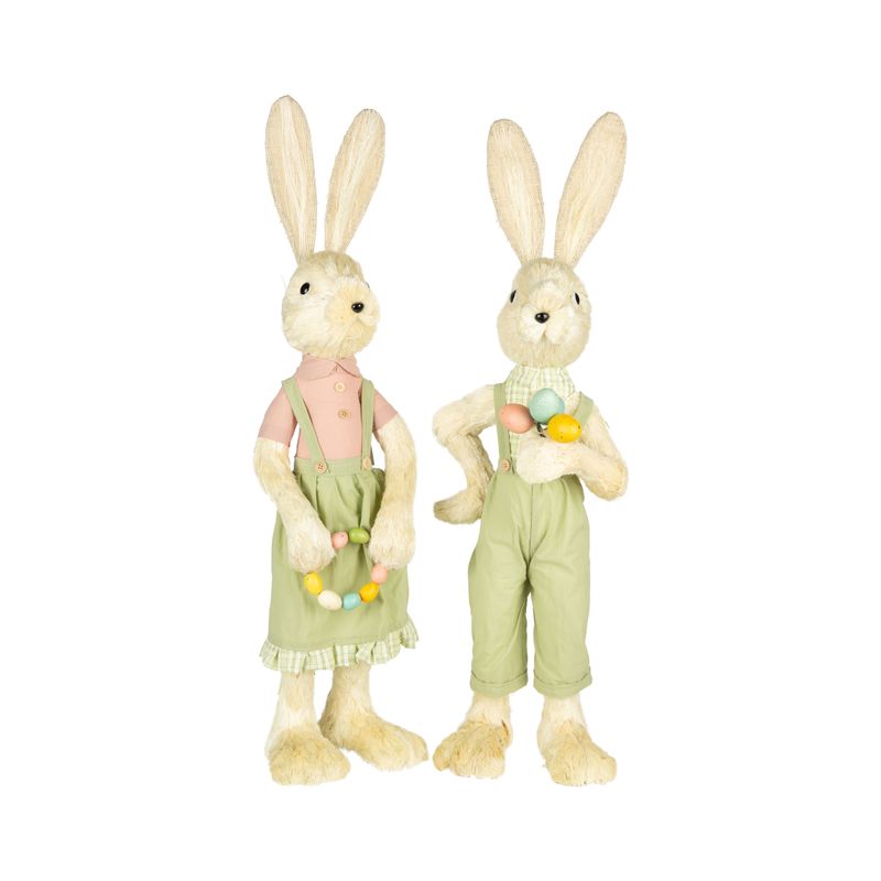 2 Asst&#39;d natural grass covered bunny table pieces, pale green and pink clothes, carrying Easter eggs, 23 in  4